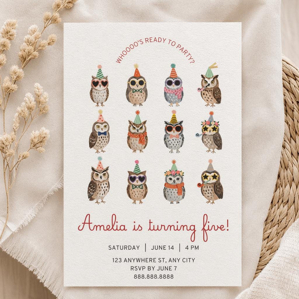 Owl Birthday Invite Template, Party Hat, Kids Invite, Girl or Boy (Editable in Canva)