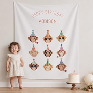 Könnte beinhalten: Ein weißer Stoffhintergrund mit dem Text HAPPY BIRTHDAY ADDISON in orangefarbenen Buchstaben. Unter dem Text befinden sich neun Illustrationen von Affen mit bunten Partyhüten, einige mit Sonnenbrillen oder Tröten, in einem Raster angeordnet.