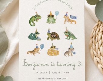 Reptile & Frog Birthday Invitation Template, Snake, Lizard Invite Zoo Party Printable (Editable in Canva)