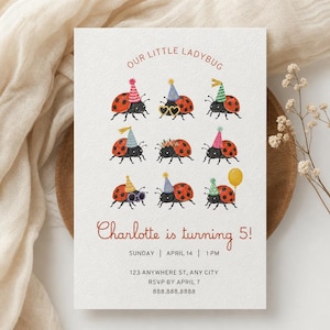 May include: A white rectangular birthday invitation card featuring the text OUR LITTLE LADYBUG at the top and Charlotte is turning 5! at the bottom. Nine watercolor ladybugs wearing colorful party hats are arranged in a grid pattern.