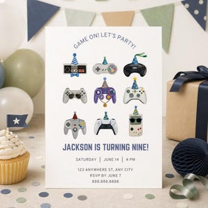 May include: A birthday party invitation with a gaming theme. The invitation features illustrations of various game controllers, party hats, and the text "Game On! Let's Party!" and "Jackson is turning nine!"