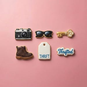 Vintage Thrift Store Cookie Cutter Set | Retro Camera, Sunglasses, Antique Key, Combat Boot, Price Tag & Thrifted Text | 3 or 4 Inch