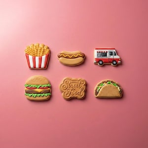 Street Food Cookie Cutter Singles | Vintage Food Truck Stacked Burger Taco | Individual Stamp Embosser | 3 & 4 Inch Foodie Party Decor