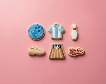 Retro Bowling Cookie Cutter Set | Bowling Ball, Pin, Retro Shirt, Shoe, Lane with Pins, & Strike Text | Bowling Party Favor | 3 or 4 Inch