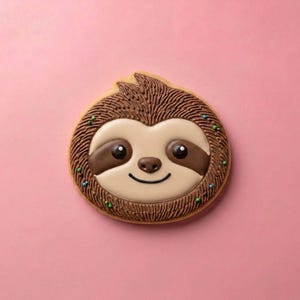May include: A round sugar cookie decorated with royal icing to resemble a sloth face. The sloth has a light beige face, dark brown eye patches, a small brown nose, and a black smile. The surrounding fur is textured brown icing with tiny sprinkles.