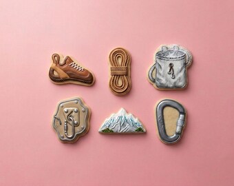 Rock Climbing Cookie Cutter Set | Climbing Shoe, Rope, Chalk Bag, Carabiner, Mountain, & Hanger Bolt | Climbing Party Favors | 3 or 4 Inch