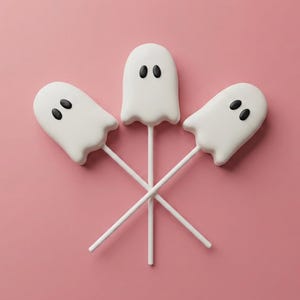 May include: Three white ghost-shaped cake pops on thin white sticks. Each ghost has two small, oval-shaped black eyes. The treats are arranged in a fan-like pattern with the sticks crossing at the bottom, creating a symmetrical display of sweets.