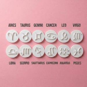 May include: A collection of twelve white circular objects, each embossed with a different zodiac symbol. The names of the zodiac signs are printed in black above and below the circles, set against a pink background.