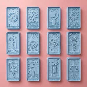 May include: A set of twelve light blue rectangular cookie cutters featuring embossed tarot card designs including The World, The Star, The Moon, The Sun, The Hermit, The Lovers, Death, The Devil, Temperance, Judgement, The Tower, and Justice.