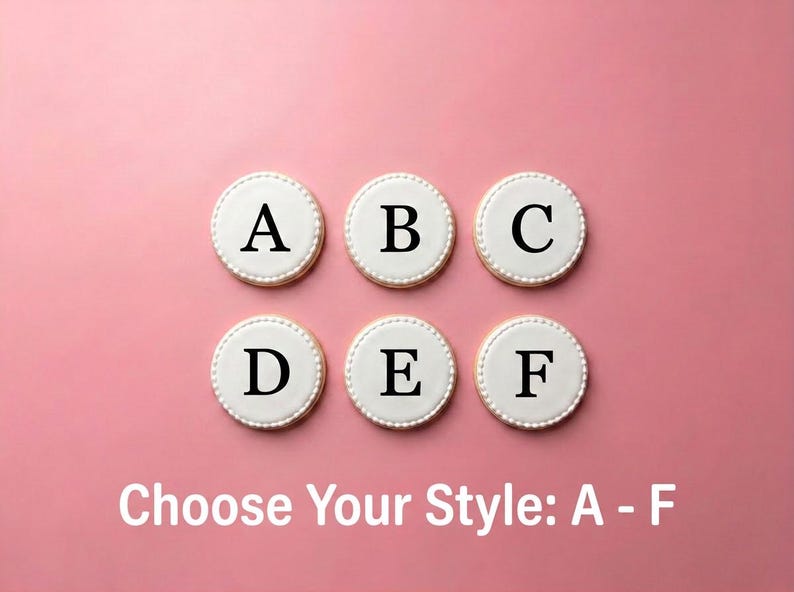 six round cookies with the letters "A", "B", "C", "D", "E", and "F" on them, arranged in a grid against a pink background.