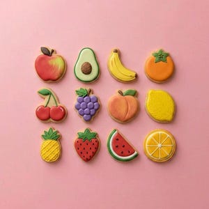 May include: A collection of twelve fruit-shaped cookies arranged on a pink surface. The cookies include an apple, avocado, banana, persimmon, cherries, grapes, peach, lemon, pineapple, strawberry, watermelon slice, and orange slice.