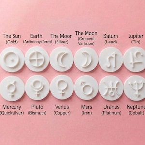 May include: A collection of white circular objects with celestial symbols and names printed on them, including the Sun, Earth, Moon, and planets. The objects are arranged on a pink background. The text includes the names of the planets and their associated metals.