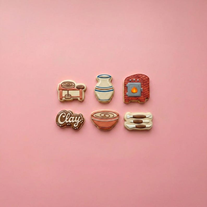 May include: Six decorated cookies shaped like pottery tools and equipment. The set includes a brown pottery wheel, a white vase with blue stripes, a red brick kiln with a fire, a brown cookie with the word Clay, a bowl, and three sculpting tools.