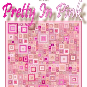 May include: A quilt pattern titled "Pretty In Pink" featuring a patchwork design in various shades of pink. The quilt is composed of numerous squares and rectangles, creating a visually complex and textured appearance. The text "Quilt Addicts" and "Pattern" are also visible.