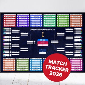 May include: A framed 2026 World Cup schedule chart with a dark blue background. The chart features colourful boxes for each team and match, with the text "2026 WORLD CUP SCHEDULE". A red circle with "MATCH TRACKER 2026" is in the foreground.