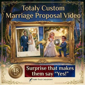 May include: A custom marriage proposal video advertisement. The image features a gold-framed video with a before and after photo of a couple. The text reads "Totally Custom Marriage Proposal Video" and "Surprise that makes them say 'Yes!'"