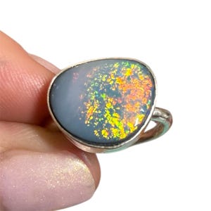 Orange yellow flash Australian opal Ring, 925 Silver, Size 6 r149