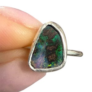 Solid Australian Boulder Opal Ring, firefly green pink flash Silver Setting, Size 4  r145
