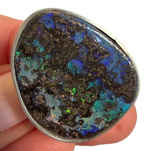 Giant Australian Kroit Boulder Opal Ring, firefly flash Organic Silver Setting, Size 8 1/4 r149 statement opal ring