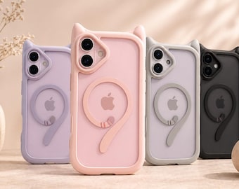 Cute Cat Ear MagSafe iPhone Case with Wrist Strap, Clear Shockproof Cover for iPhone 17 16 15 14 13 Pro Max Plus Air TPU PC