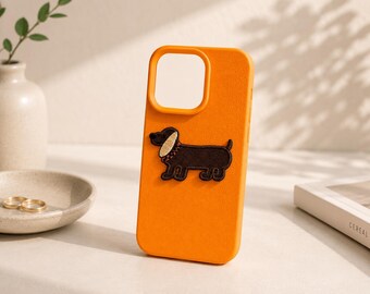 Cute Embroidered Dachshund iPhone Case, Korean Kawaii Dog Phone Cover, Soft Textured Puppy Case for iPhone 17 16 15 14 13 Pro Max