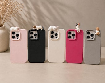3D Sleeping Cat iPhone Case, Cute Korean Style Phone Cover, Soft Lychee Texture Case for iPhone 17 16 15 14 13 12 Pro Max Plus