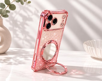 Gradient Glitter Mirror Ring Holder Phone Case for iPhone 17 Pro Max, Shockproof TPU Plated Bumper Cover
