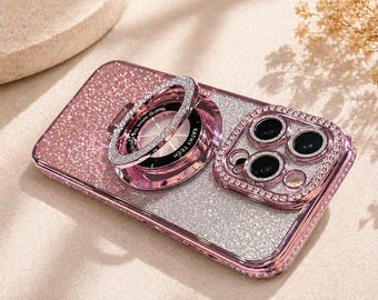 Luxury Glitter MagSafe iPhone Case with Ring Stand, Diamond Plated Magnetic Cover for iPhone 17 16 15 14 13 12 11 Pro Max Plus
