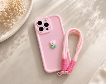Cute Tulip Flower Phone Case with Lanyard for iPhone 17 16 15 14 13 12 11 Pro Max, Pink Silicone Soft Cover, Kawaii Floral Strap Case