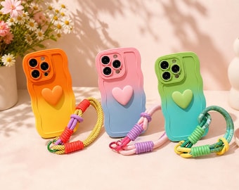 Heart Phone Case with Strap – Cute Gradient iPhone Case with Wrist Lanyard, Wavy Silicone Cover for iPhone 11, 12, 13, 14, 15, 16, 17 ProMax
