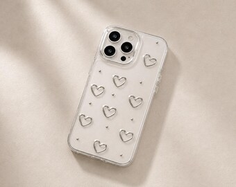Cute Glitter Heart Clear iPhone Case, Korean Bling Metal Heart Phone Case, Aesthetic Epoxy Transparent Cover iPhone 17 16 15 14 13 Pro Max