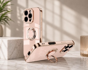 Magnetic Ring Stand iPhone Case, Luxury Gold Plated Phone Cover, Shockproof MagSafe Compatible Case for iPhone 17 16 15 14 13 Pro Max Plus