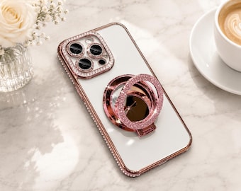 Luxury Rhinestone Magnetic iPhone Case with Makeup Mirror Stand – Glitter Crystal Cover for iPhone 16 15 14 13 12 11 Pro Max Plus
