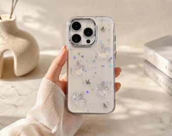 3D Star Glitter iPhone Case, Cute Clear Shockproof Phone Case, Kawaii Bling Transparent Cover for iPhone 17 16 15 14 13 Pro Max Plus
