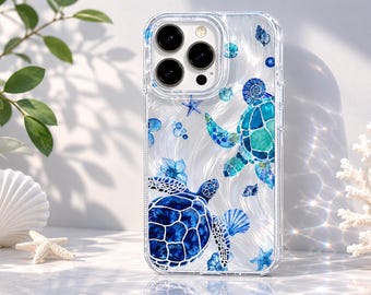 Ocean Turtle iPhone Case – Summer Beach Aesthetic Clear Phone Cover with Chiffon Texture for iPhone 17 Air, 16, 15, 14, 13 Pro Max