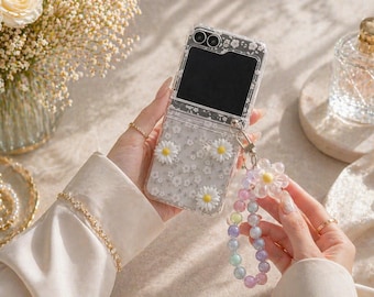 Floral 3D Daisy Phone Case with Wrist Strap for Samsung Galaxy Z Flip 7 FE 6 5 4 3 | Cute Hinge Protection Cover