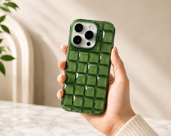 Green Checkered iPhone Case, Transparent Puffy Grid Phone Case, Soft TPU Protective Cover for iPhone 11 12 13 14 15 16 17 Pro Max