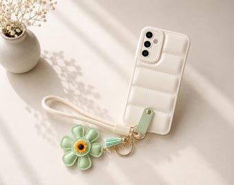 Luxury Puffer Phone Case with Sunflower Wrist Strap for Samsung Galaxy S25 Ultra, S24, S23, A56, A55, Cute Quilted Leather Case