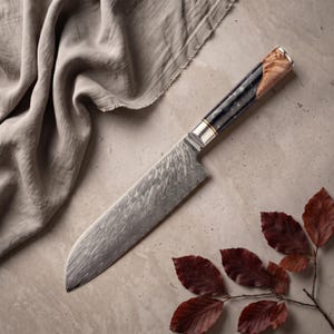 Damaskusståls-santokukniv – lönnburlträhandtag, japansk kockkniv (18 cm)