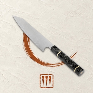 May include: A kitchen knife with a silver-toned blade featuring a subtle Damascus pattern and a dark, marbled handle accented with two thin gold-colored rings. The blade has a sharp, pointed tip and a straight edge, designed for precision cutting.