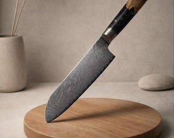 Cuchillo de chef Santoku YORI – Acero de Damasco, mango de resina de madera de arce, cuchillo de cocina estilo Japandi