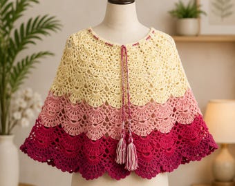 Handmade Ombre Crochet Shawl Wrap – Lace Poncho Cape, Boho Shoulder Cover Up