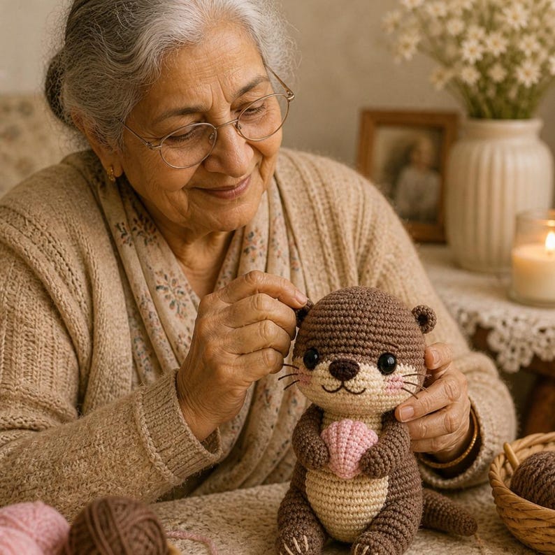 Op de afbeelding: Een gehaakte otterknuffel met bruin en beige garen, met een roze schelp. De otter heeft zwarte ogen en snorharen. De afbeelding suggereert een verzameling handgemaakte speelgoed.