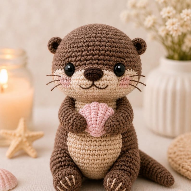 Op de afbeelding: Een gehaakte otter in bruin- en beigetinten, met een roze schelp. De otter heeft zwarte ogen, roze wangen en snorharen. Dit handgemaakte knuffeldier is een schattig, grillig ontwerp.