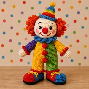 Può includere: Una bambola clown all'uncinetto fatta a mano con un cappello a cono a righe colorate, capelli ricci arancioni vivaci e un viso color crema con un naso rosso. Il corpo indossa una tuta gialla e verde con tre bottoni rossi e un colletto blu a balze.