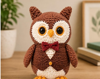 Amigurumipatroon gehaakt uil | Wijze uil speelgoed met bril, vest (pdf-download)