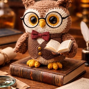 Könnte beinhalten: Eine gehäkelte Eulenfigur mit Brille, Fliege und Weste, die ein Miniaturbuch hält. Die Eule ist braun, weiß und gelb und sitzt auf einem Stapel alter Bücher. Die Brille der Eule ist schwarz.