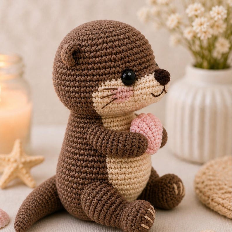 Op de afbeelding: Een gehaakte otter knuffel in bruin- en beigetinten, met een roze bal. De otter heeft een gedetailleerd gezicht met zwarte ogen, een bruine neus en roze wangen. Het handgemaakte speelgoed zit op een wit oppervlak.