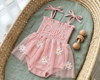 Custom Name Baby Tutu Dress, Hand Embroidered Baby Romper, Cake Smash Outfit, Personalized Baby Girls Tutu Dress, First Birthday Gifts
