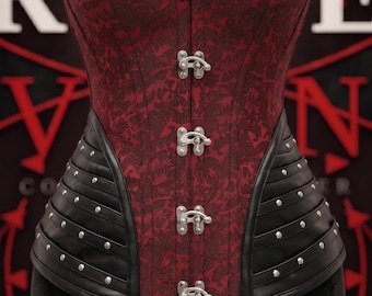 Red & Black Brocade Underbust Corset with Leather Panels, Gothic Steampunk Waist Cincher, Burlesque Lingerie